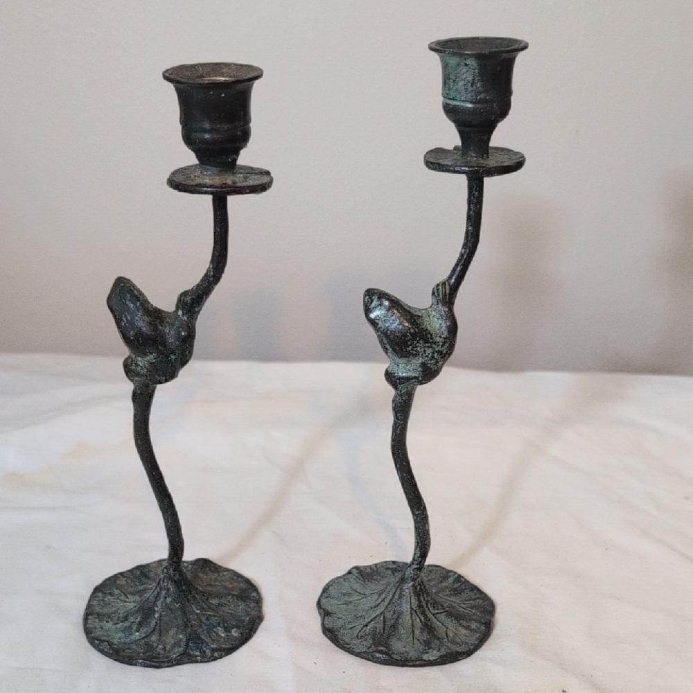 Antique-Style Green Patina Bird Candle Holders -
